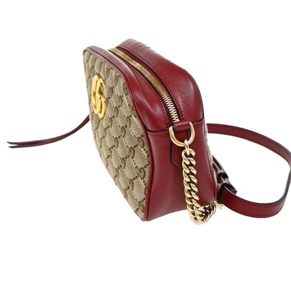 GUCCI Marmont GG Pattern Chain Shoulder Bag Canvas Leather Brown Red - Picture 2 of 14